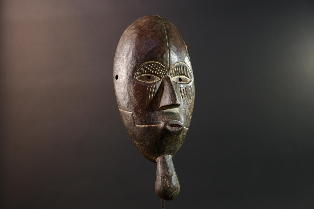 Dan tribal mask African carved wood wall decor with chin extension from Côte d’Ivoire Liberia ceremonial rustic art face carving-G5436
