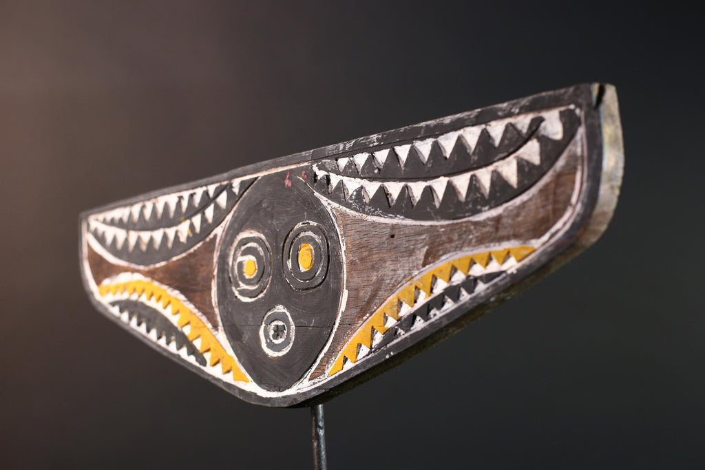 African Bwa mask tribal plank carving yellow white black wall art from Burkina Faso spirit sculpture with zigzag geometric pattern-G5437