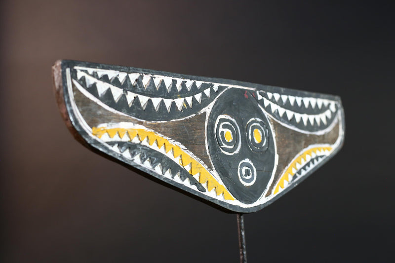 African Bwa mask tribal plank carving yellow white black wall art from Burkina Faso spirit sculpture with zigzag geometric pattern-G5437