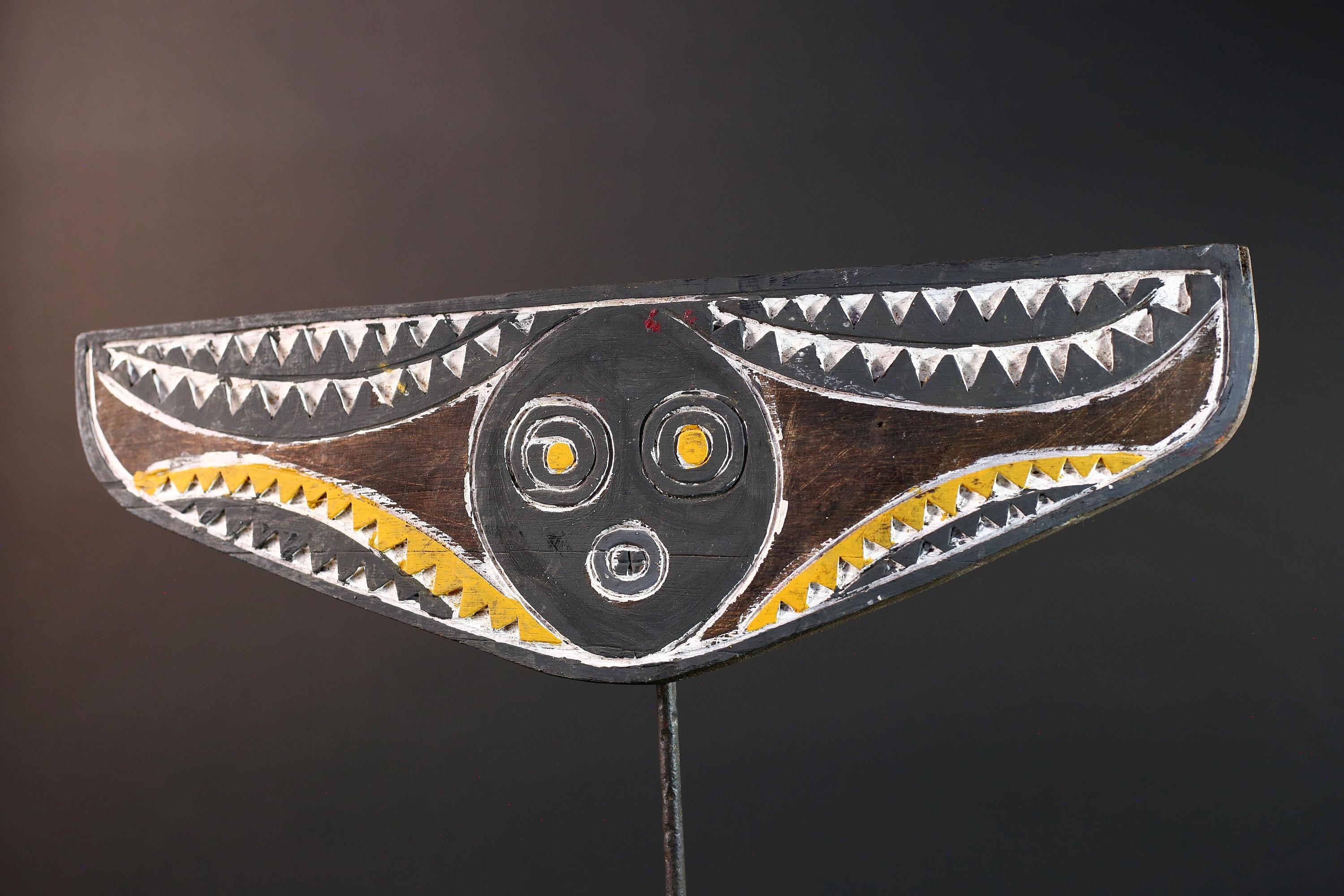 African Bwa mask tribal plank carving yellow white black wall art from Burkina Faso spirit sculpture with zigzag geometric pattern-G5437