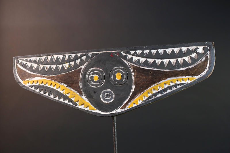 African Bwa mask tribal plank carving yellow white black wall art from Burkina Faso spirit sculpture with zigzag geometric pattern-G5437