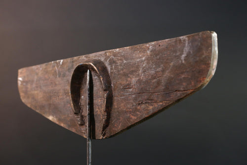 African Bwa mask tribal plank carving yellow white black wall art from Burkina Faso spirit sculpture with zigzag geometric pattern-G5437
