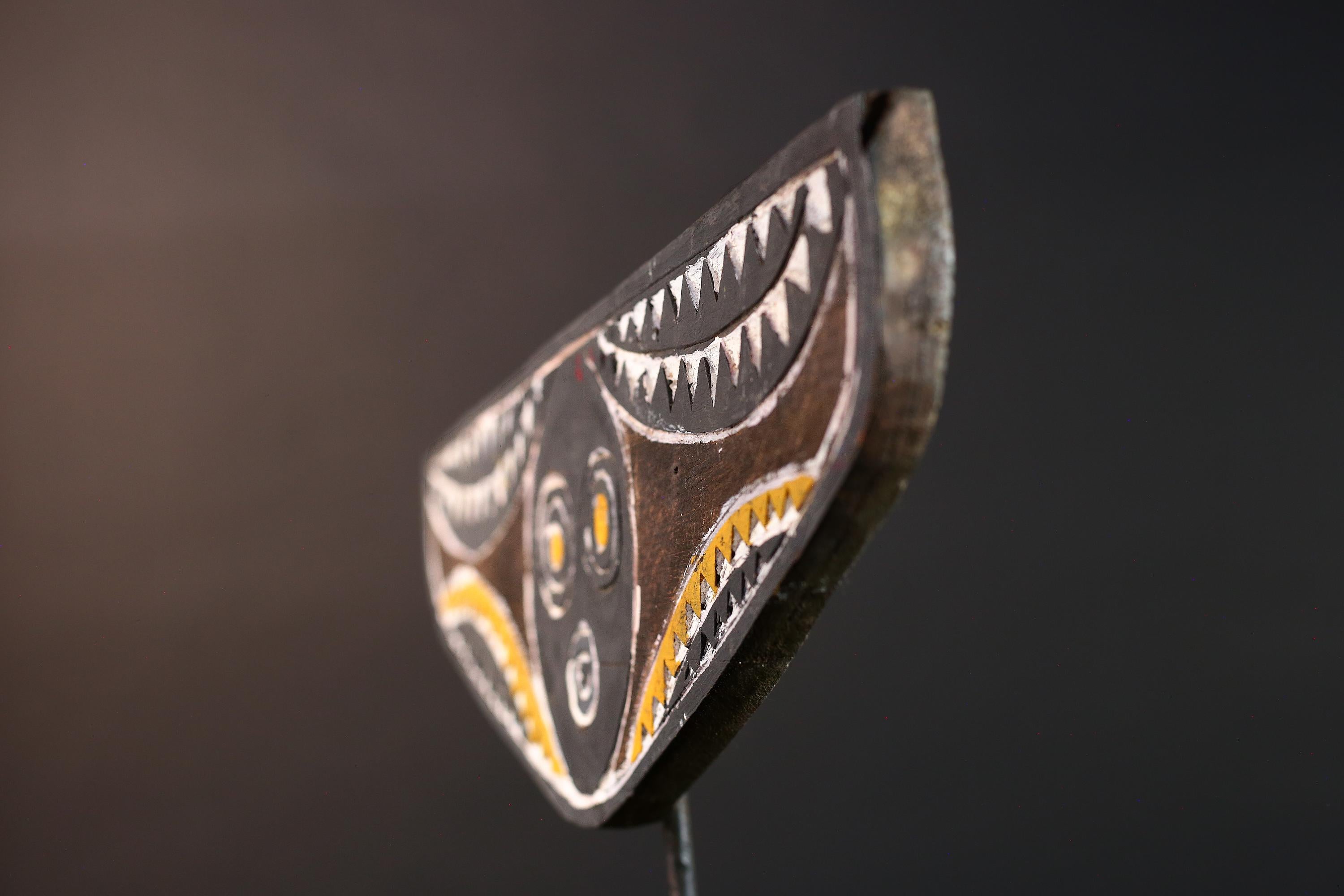 African Bwa mask tribal plank carving yellow white black wall art from Burkina Faso spirit sculpture with zigzag geometric pattern-G5437