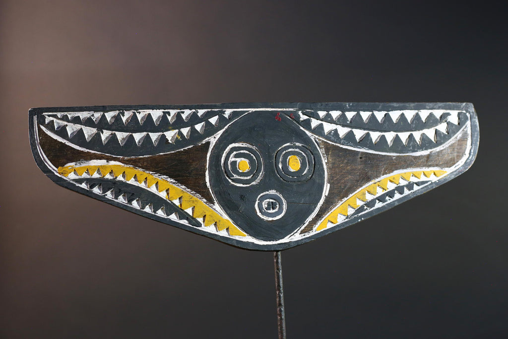 African Bwa mask tribal plank carving yellow white black wall art from Burkina Faso spirit sculpture with zigzag geometric pattern-G5437