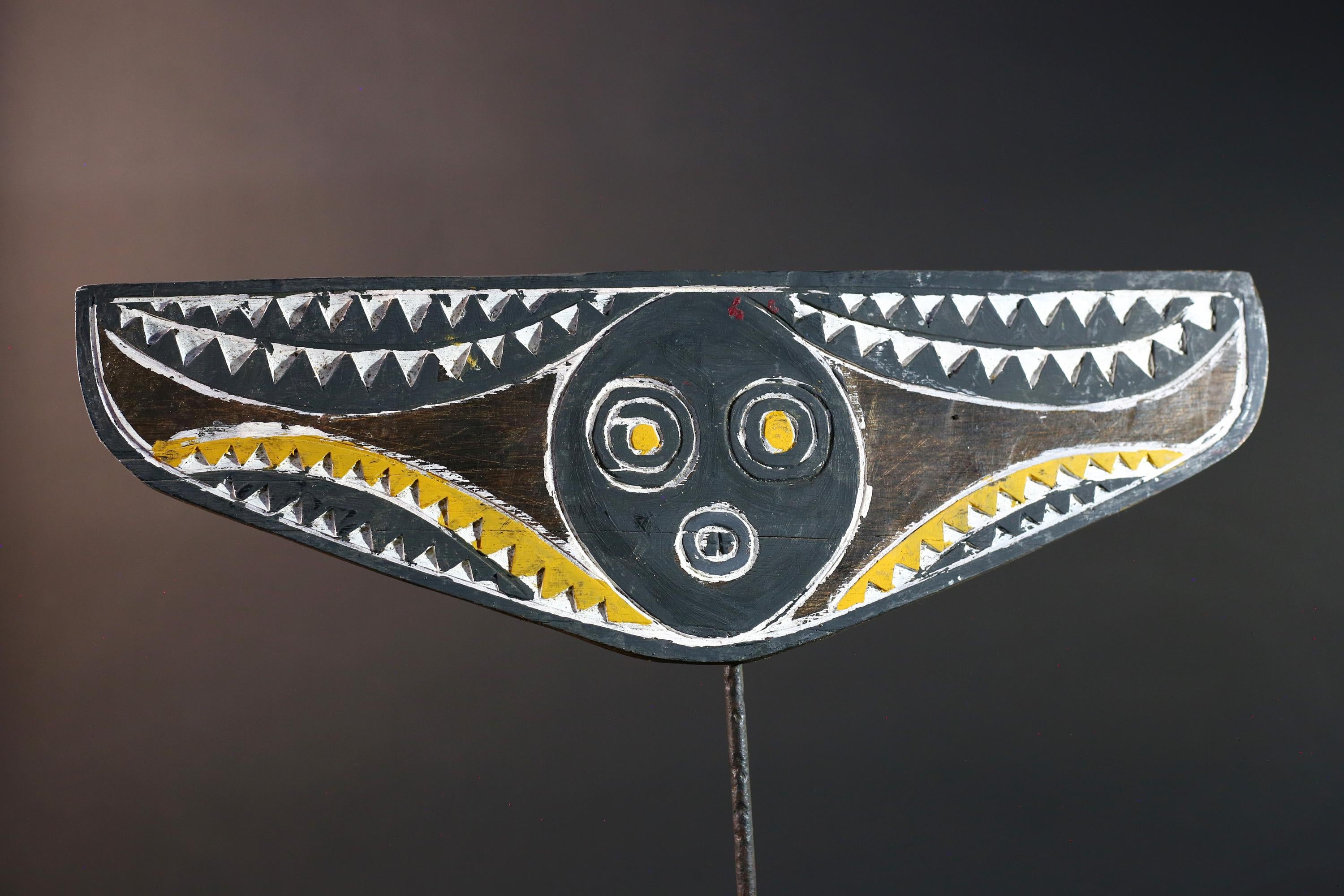 African Bwa mask tribal plank carving yellow white black wall art from Burkina Faso spirit sculpture with zigzag geometric pattern-G5437