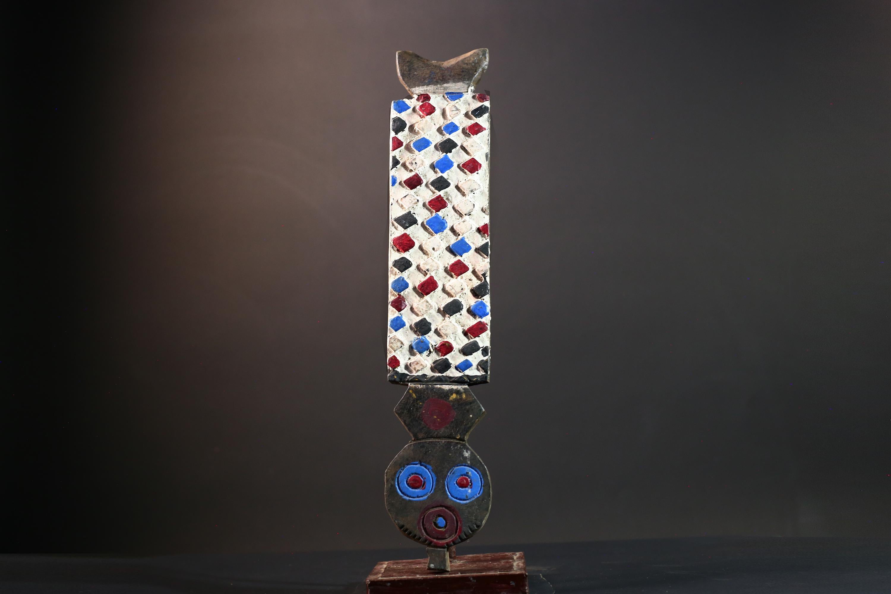 Bwa African mask wall decor with checkerboard carving red blue white spirit panel from Burkina Faso tribal vertical owl face art- G5438