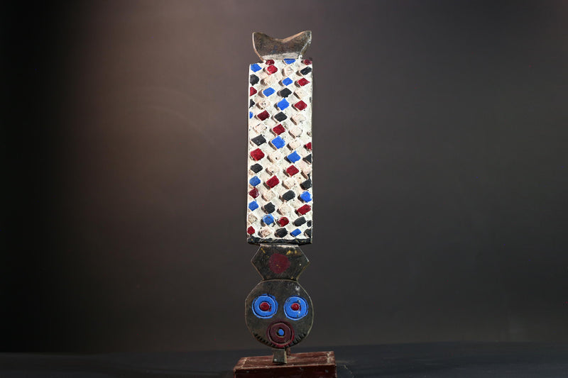 Bwa African mask wall decor with checkerboard carving red blue white spirit panel from Burkina Faso tribal vertical owl face art- G5438