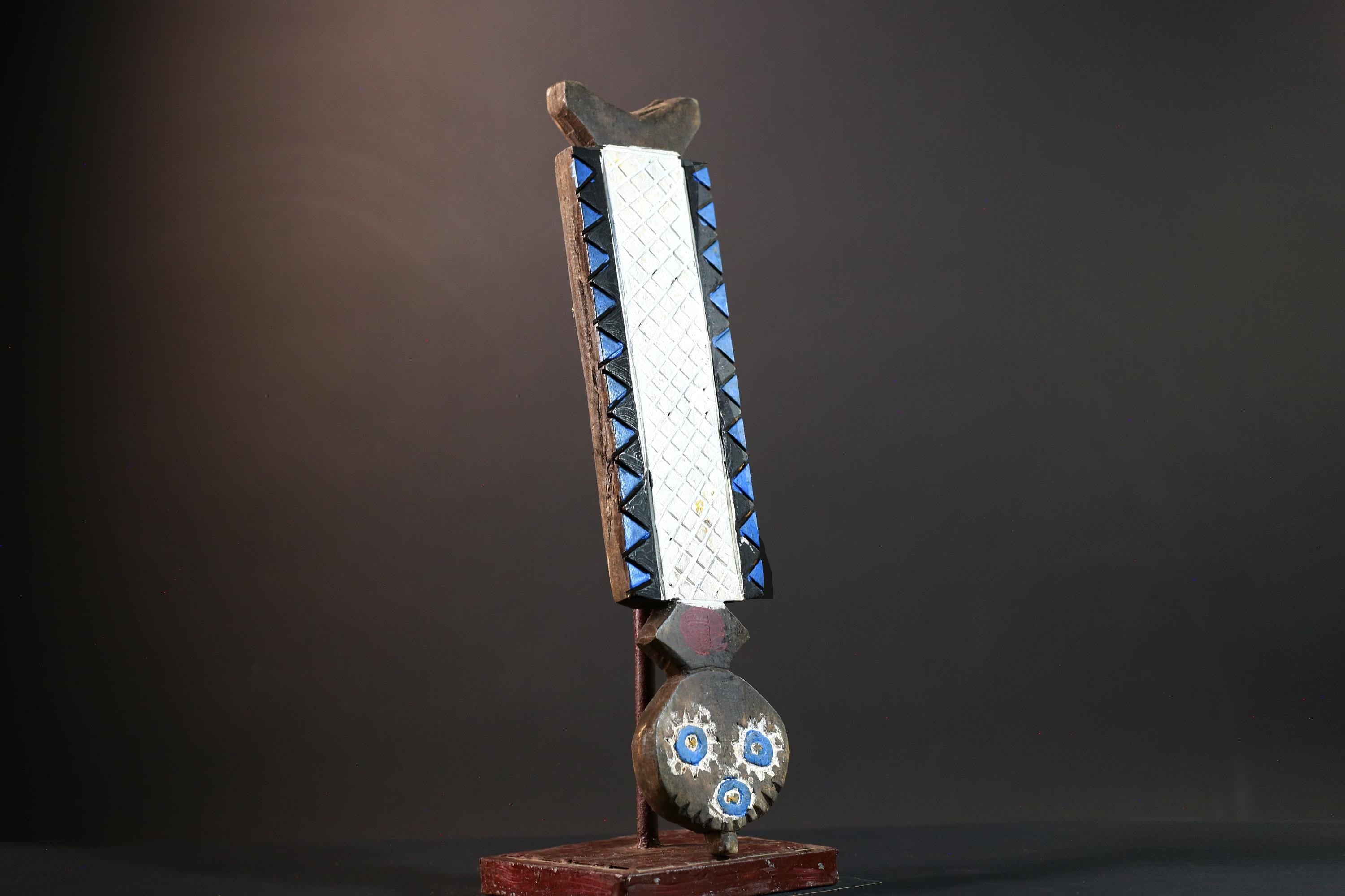 Bwa tribal spirit mask African carved wood wall decor with white grid panel and blue detail from Burkina Faso vertical owl face art- G5439