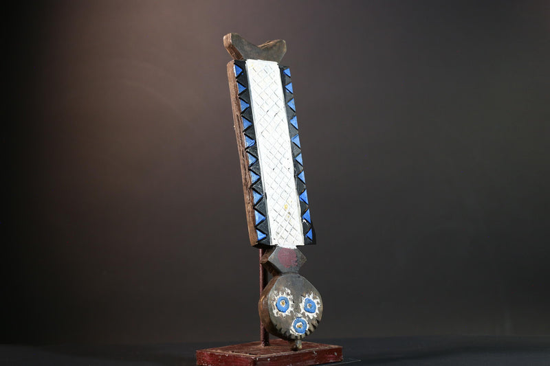 Bwa tribal spirit mask African carved wood wall decor with white grid panel and blue detail from Burkina Faso vertical owl face art- G5439