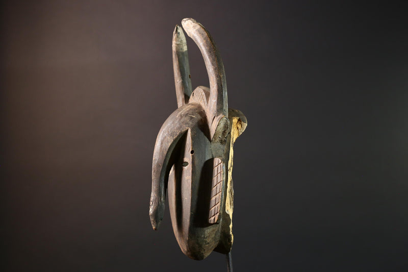 Baule African mask with antelope horns tribal face carving from Côte d’Ivoire wood wall art spiritual sculpture handmade decor- G5440