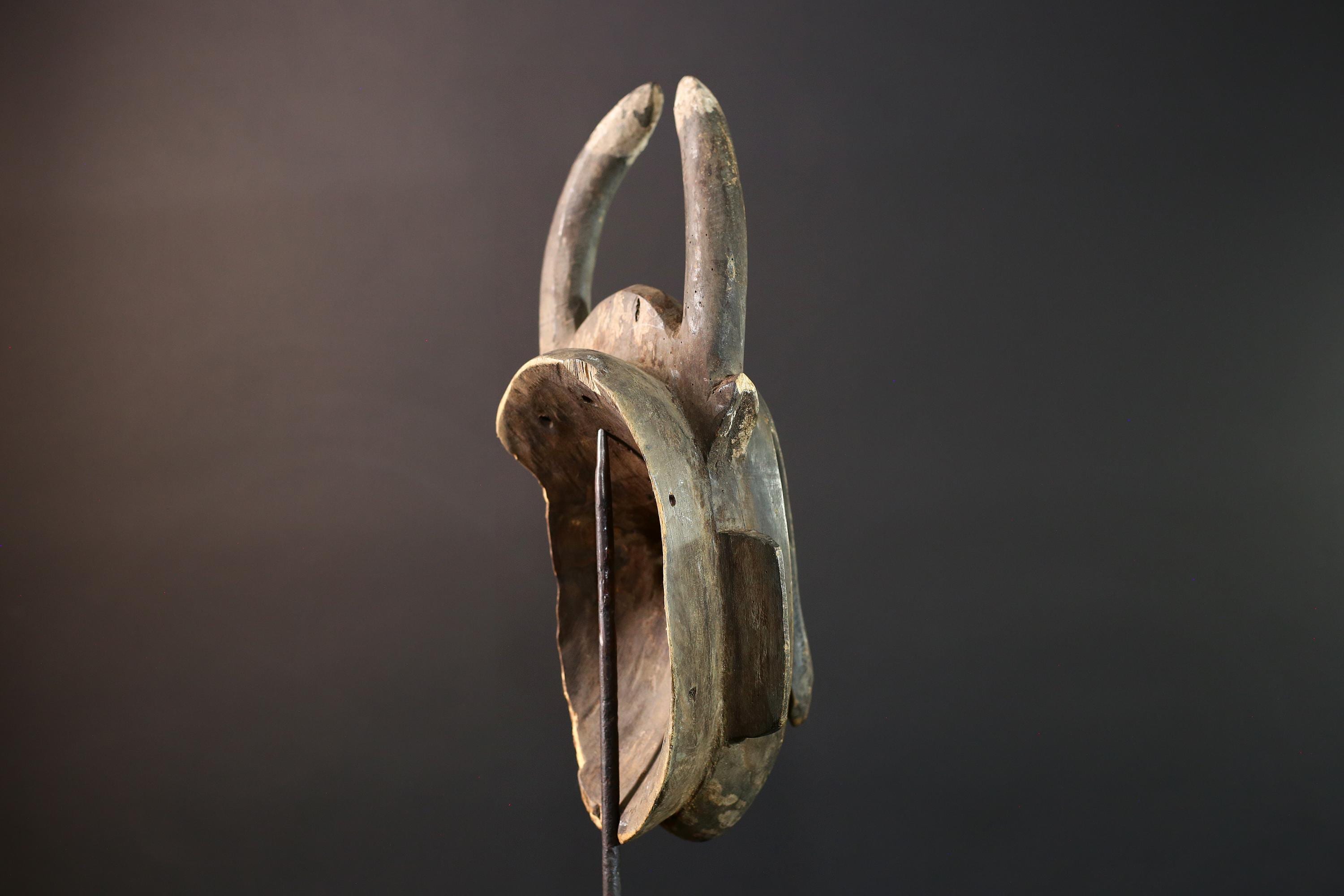 Baule African mask with antelope horns tribal face carving from Côte d’Ivoire wood wall art spiritual sculpture handmade decor- G5440