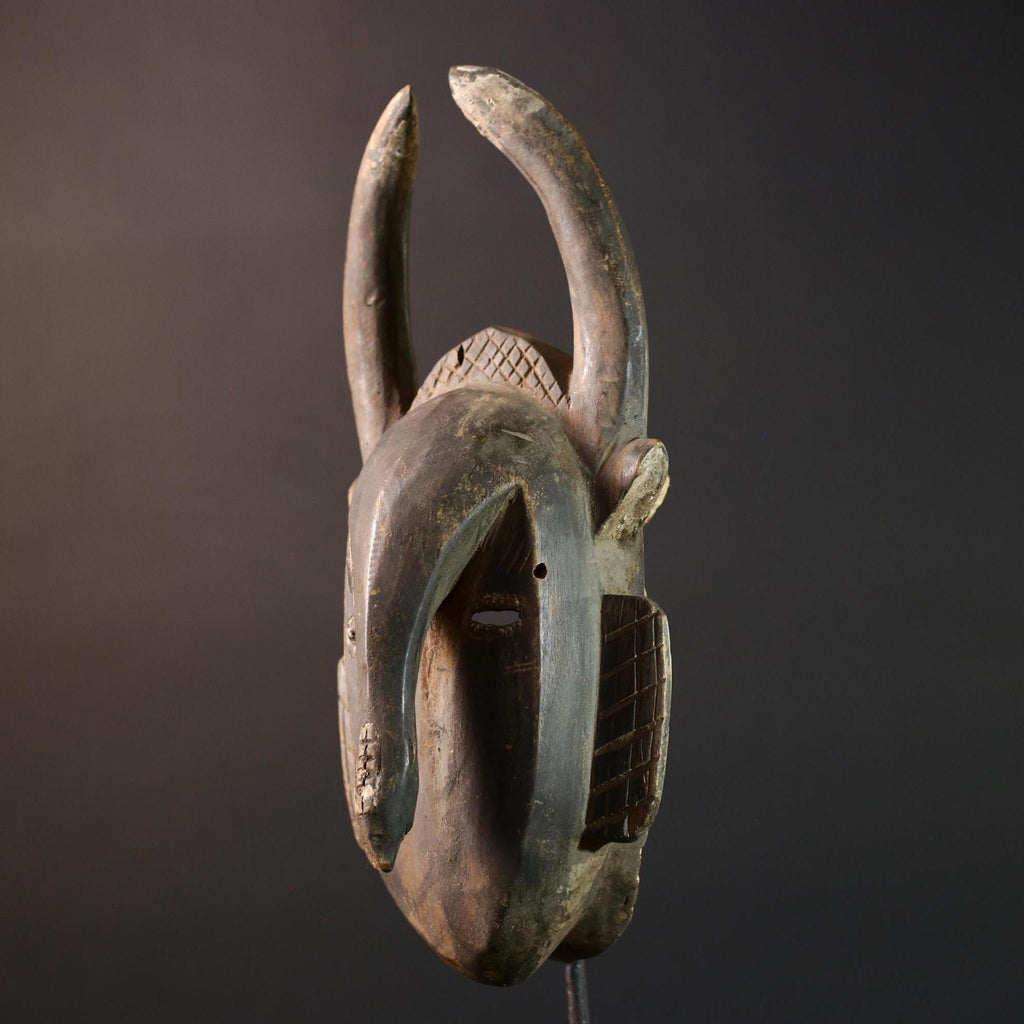 Baule African mask with antelope horns tribal face carving from Côte d’Ivoire wood wall art spiritual sculpture handmade decor- G5440