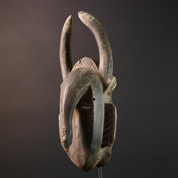 Baule African mask with antelope horns tribal face carving from Côte d’Ivoire wood wall art spiritual sculpture handmade decor- G5440