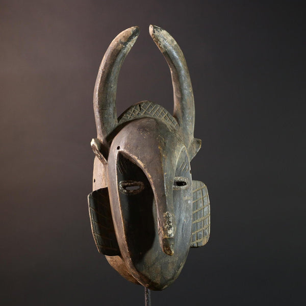 Baule African mask with antelope horns tribal face carving from Côte d’Ivoire wood wall art spiritual sculpture handmade decor- G5440