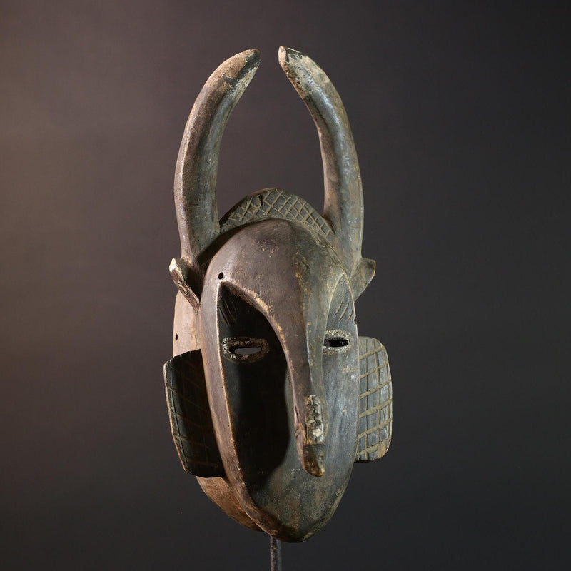 Baule African mask with antelope horns tribal face carving from Côte d’Ivoire wood wall art spiritual sculpture handmade decor- G5440