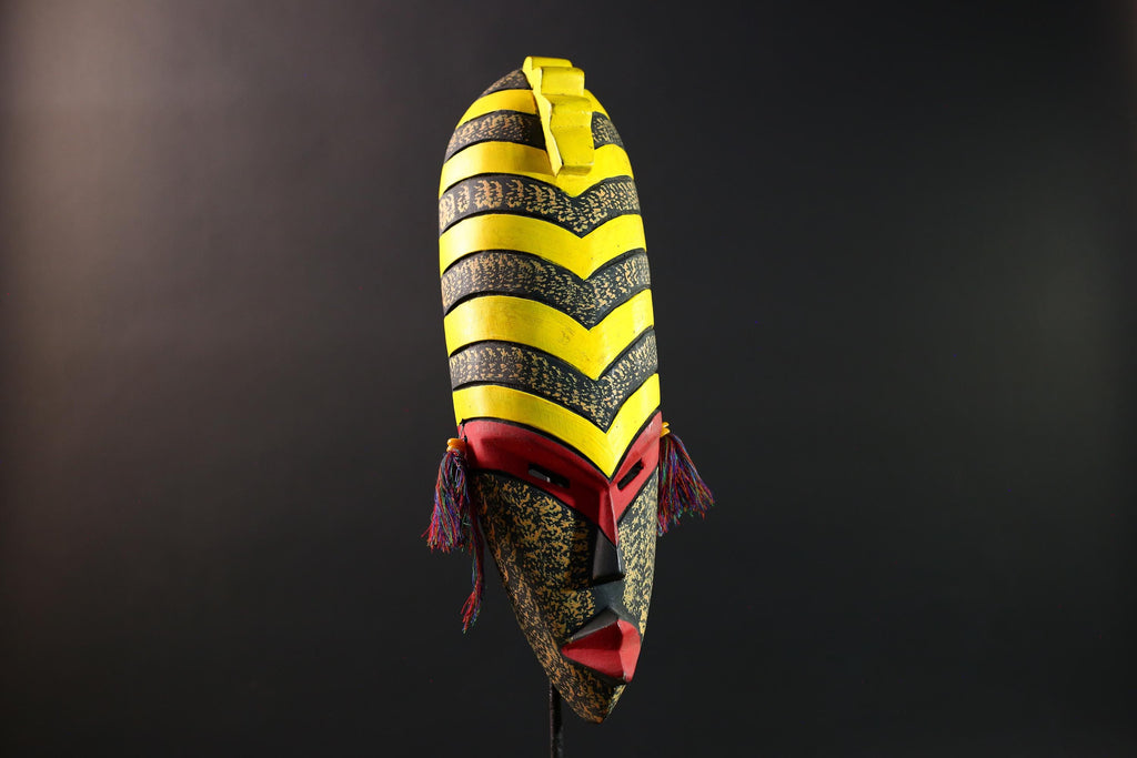 African tribal mask yellow black chevron face carving with red eyes and side tassels from Gabon or Congo handmade wall decor art- G5441