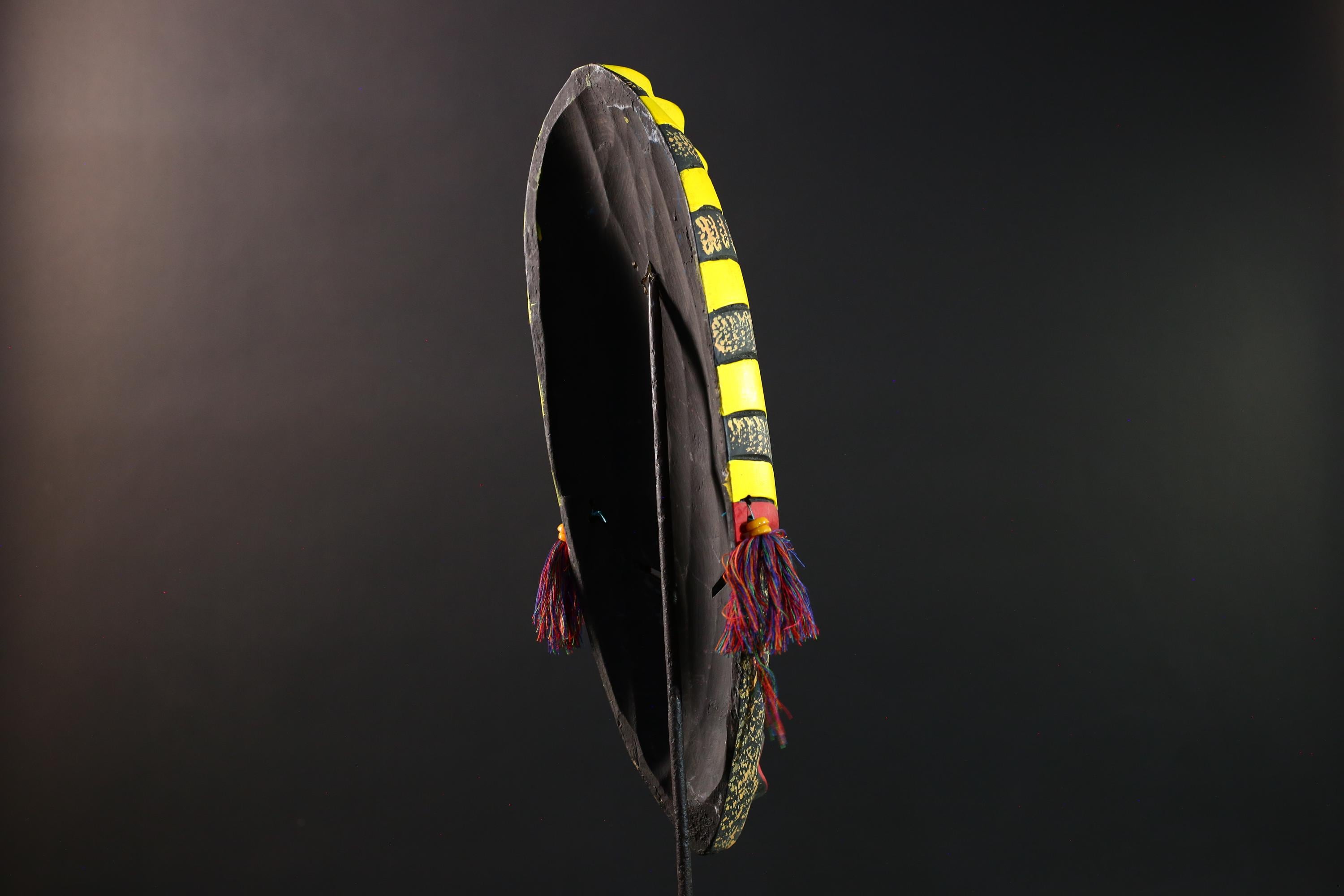 African tribal mask yellow black chevron face carving with red eyes and side tassels from Gabon or Congo handmade wall decor art- G5441
