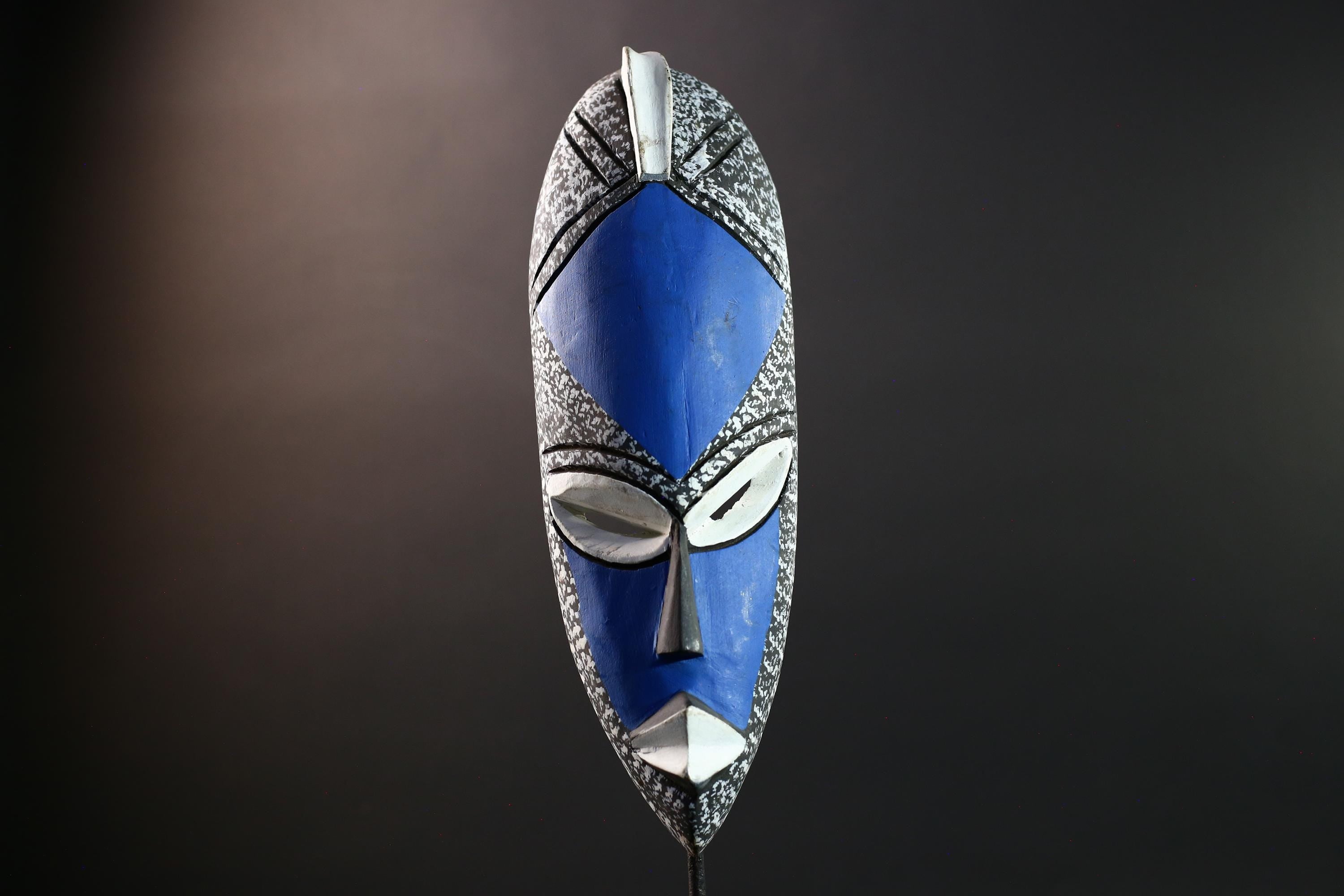 african wood mask punu style wall decor handcarved tribal mask blue white african art wall hanging carved african face mask figure-G5444