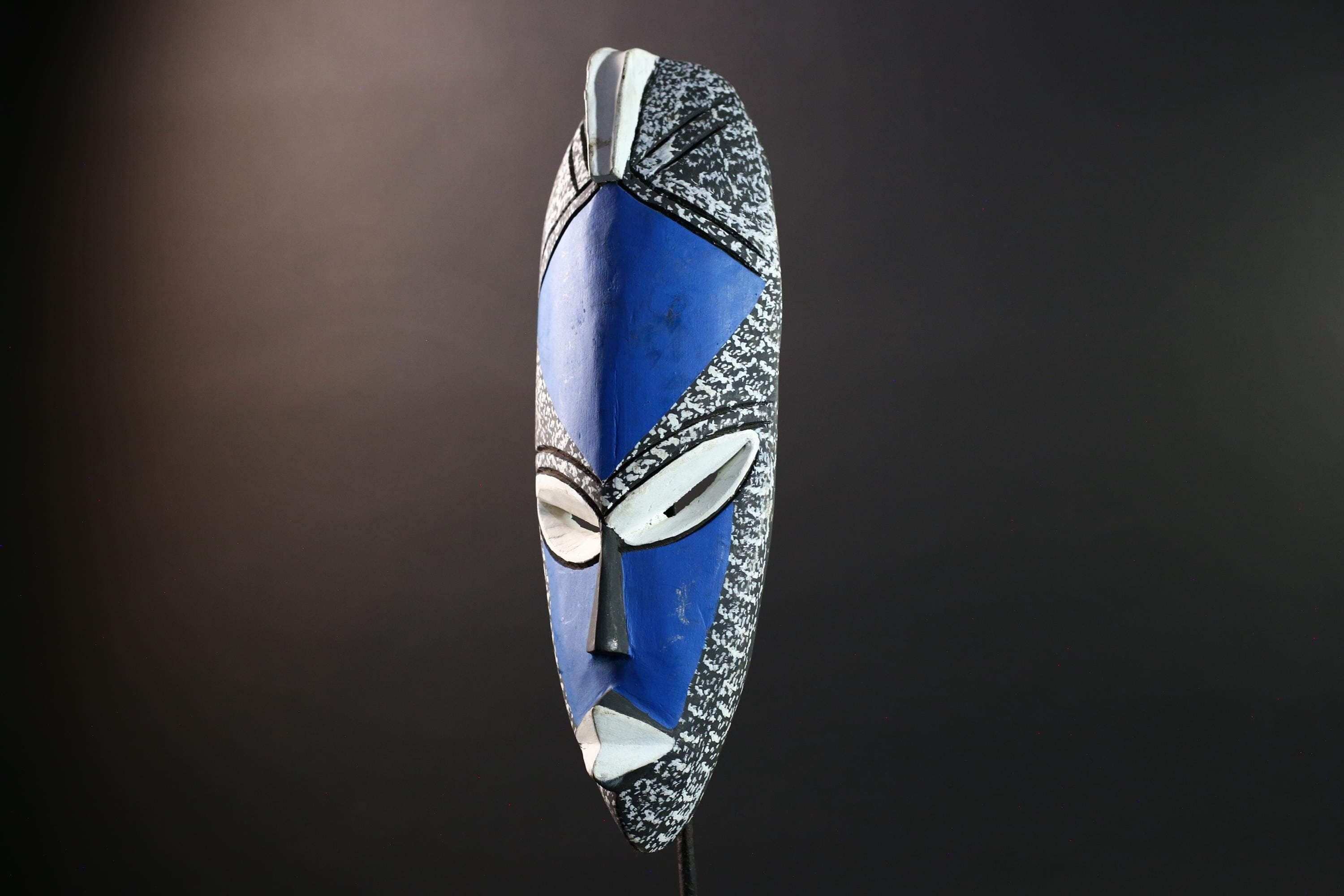 african wood mask punu style wall decor handcarved tribal mask blue white african art wall hanging carved african face mask figure-G5444