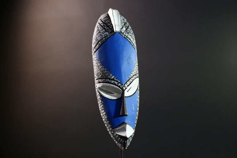 african wood mask punu style wall decor handcarved tribal mask blue white african art wall hanging carved african face mask figure-G5444