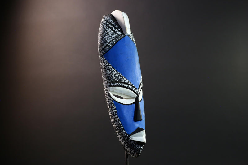 african wood mask punu style wall decor handcarved tribal mask blue white african art wall hanging carved african face mask figure-G5444