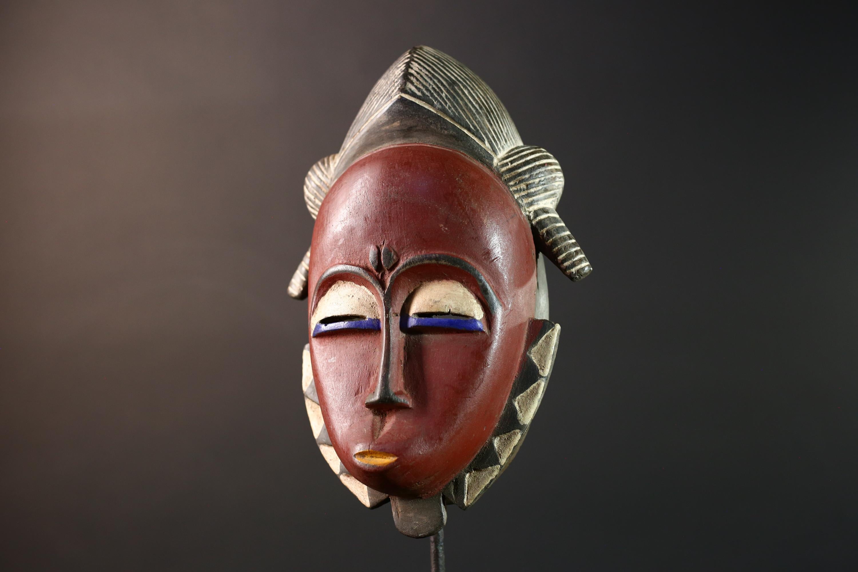 african wall mask baule kpelie face carving tribal art ivory coast decor handcarved fertility sculpture spiritual wood figure- G5446