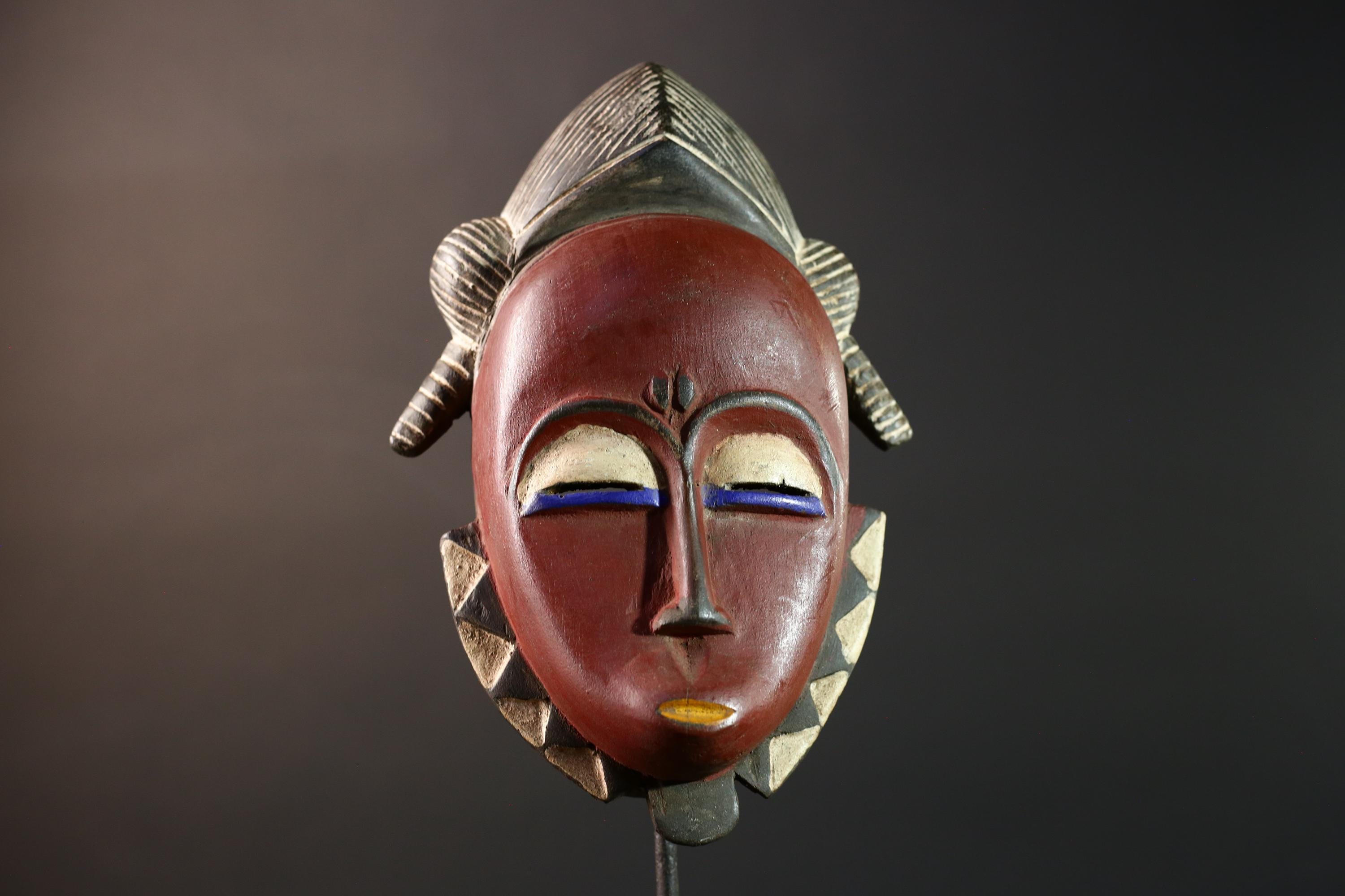 african wall mask baule kpelie face carving tribal art ivory coast decor handcarved fertility sculpture spiritual wood figure- G5446
