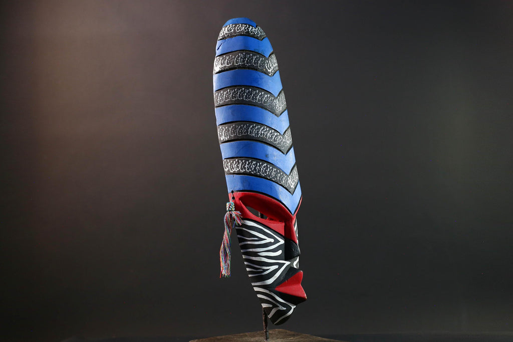 african wall mask geometric long face tribal decor hand painted art abstract spirit carving bold stripe pattern wall sculpture-G5449