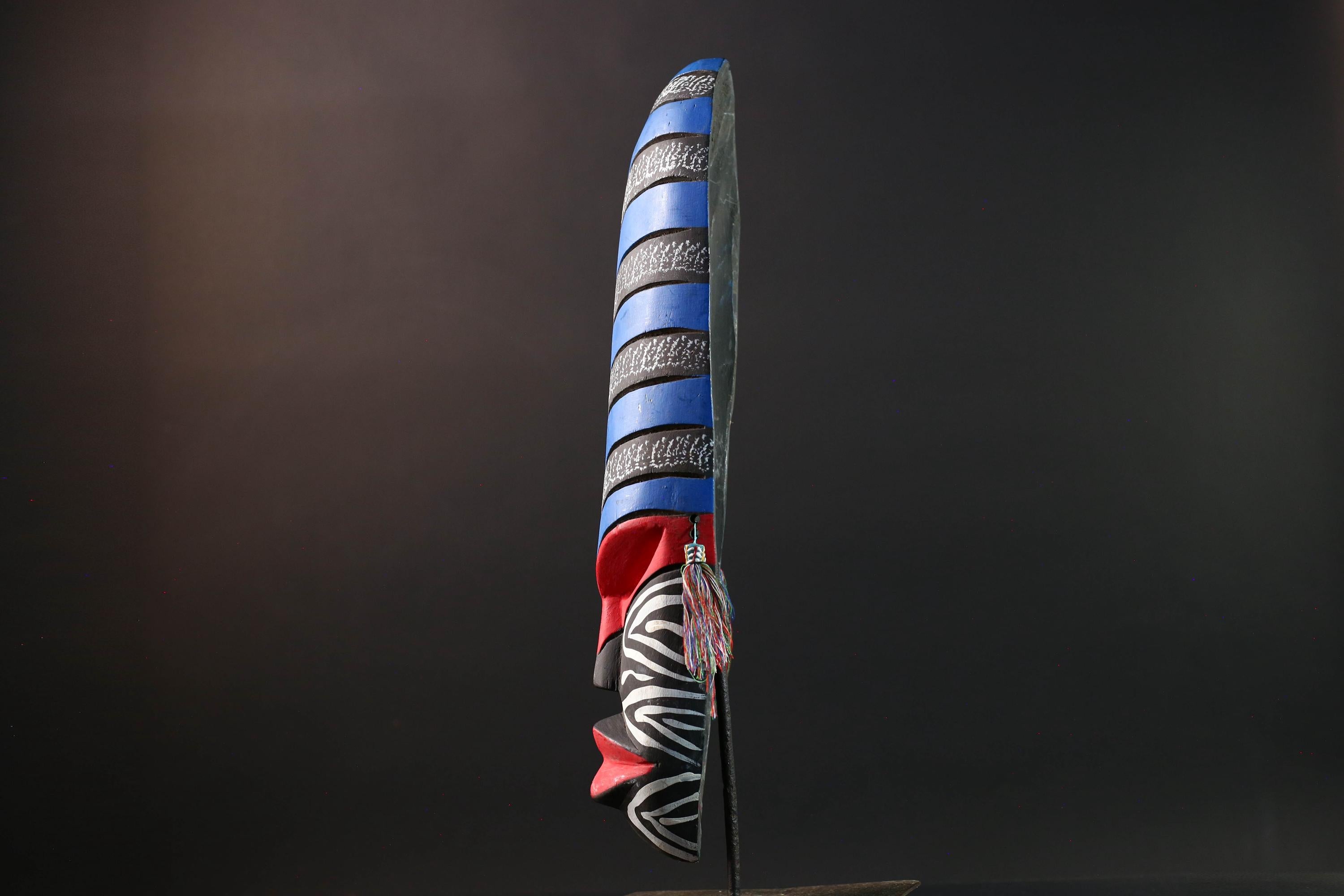 african wall mask geometric long face tribal decor hand painted art abstract spirit carving bold stripe pattern wall sculpture-G5449