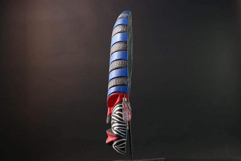 african wall mask geometric long face tribal decor hand painted art abstract spirit carving bold stripe pattern wall sculpture-G5449