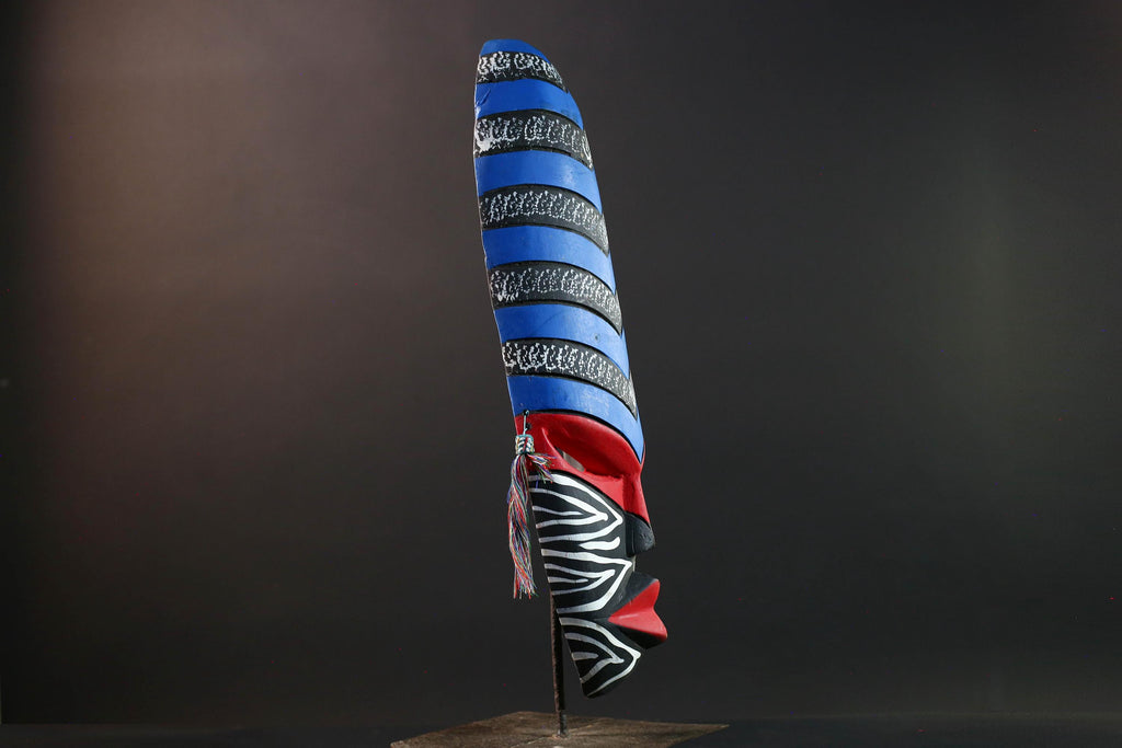 african wall mask geometric long face tribal decor hand painted art abstract spirit carving bold stripe pattern wall sculpture-G5449