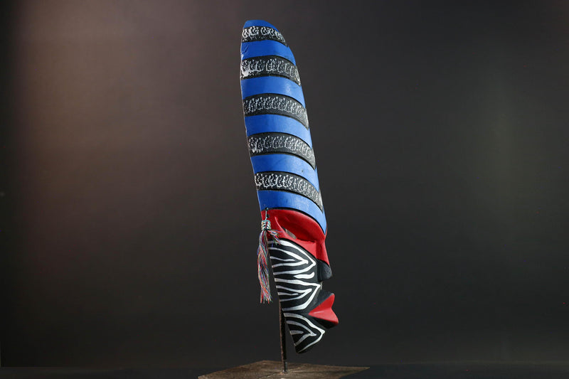 african wall mask geometric long face tribal decor hand painted art abstract spirit carving bold stripe pattern wall sculpture-G5449