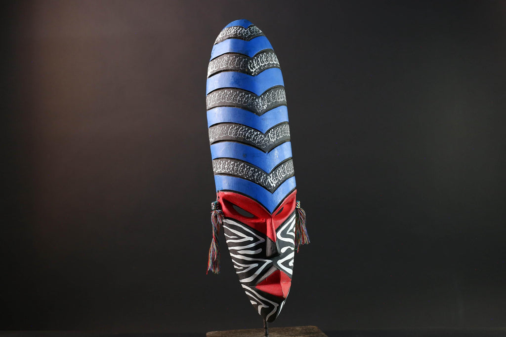 african wall mask geometric long face tribal decor hand painted art abstract spirit carving bold stripe pattern wall sculpture-G5449