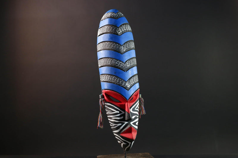 african wall mask geometric long face tribal decor hand painted art abstract spirit carving bold stripe pattern wall sculpture-G5449