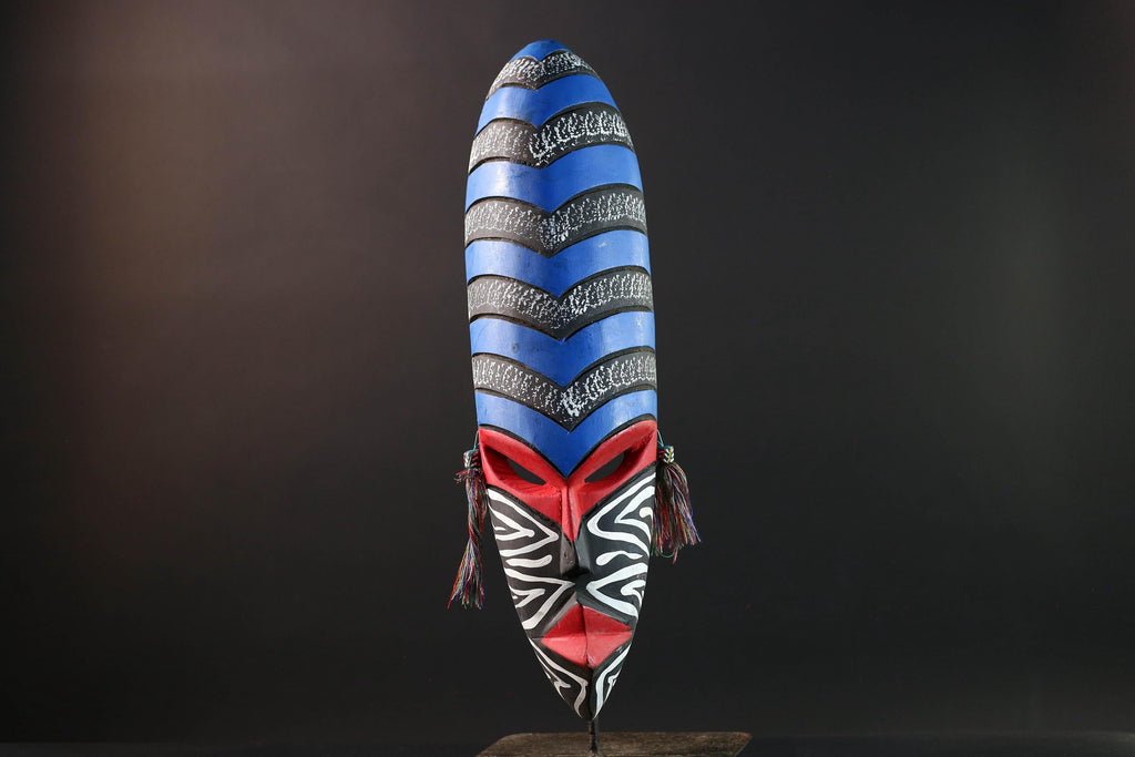 african wall mask geometric long face tribal decor hand painted art abstract spirit carving bold stripe pattern wall sculpture-G5449