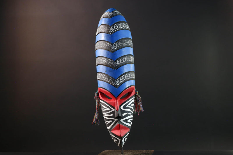 african wall mask geometric long face tribal decor hand painted art abstract spirit carving bold stripe pattern wall sculpture-G5449