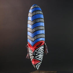 african wall mask geometric long face tribal decor hand painted art abstract spirit carving bold stripe pattern wall sculpture-G5449