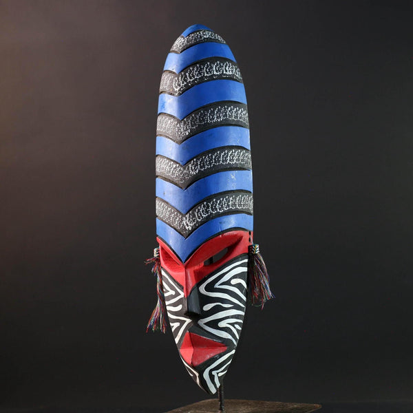 african wall mask geometric long face tribal decor hand painted art abstract spirit carving bold stripe pattern wall sculpture-G5449