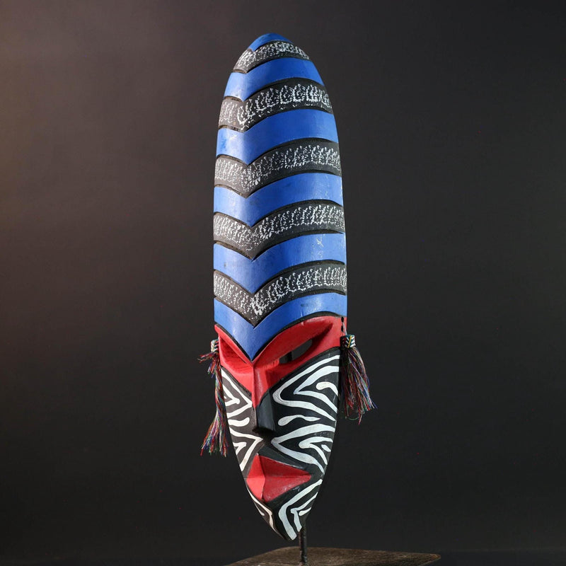 african wall mask geometric long face tribal decor hand painted art abstract spirit carving bold stripe pattern wall sculpture-G5449
