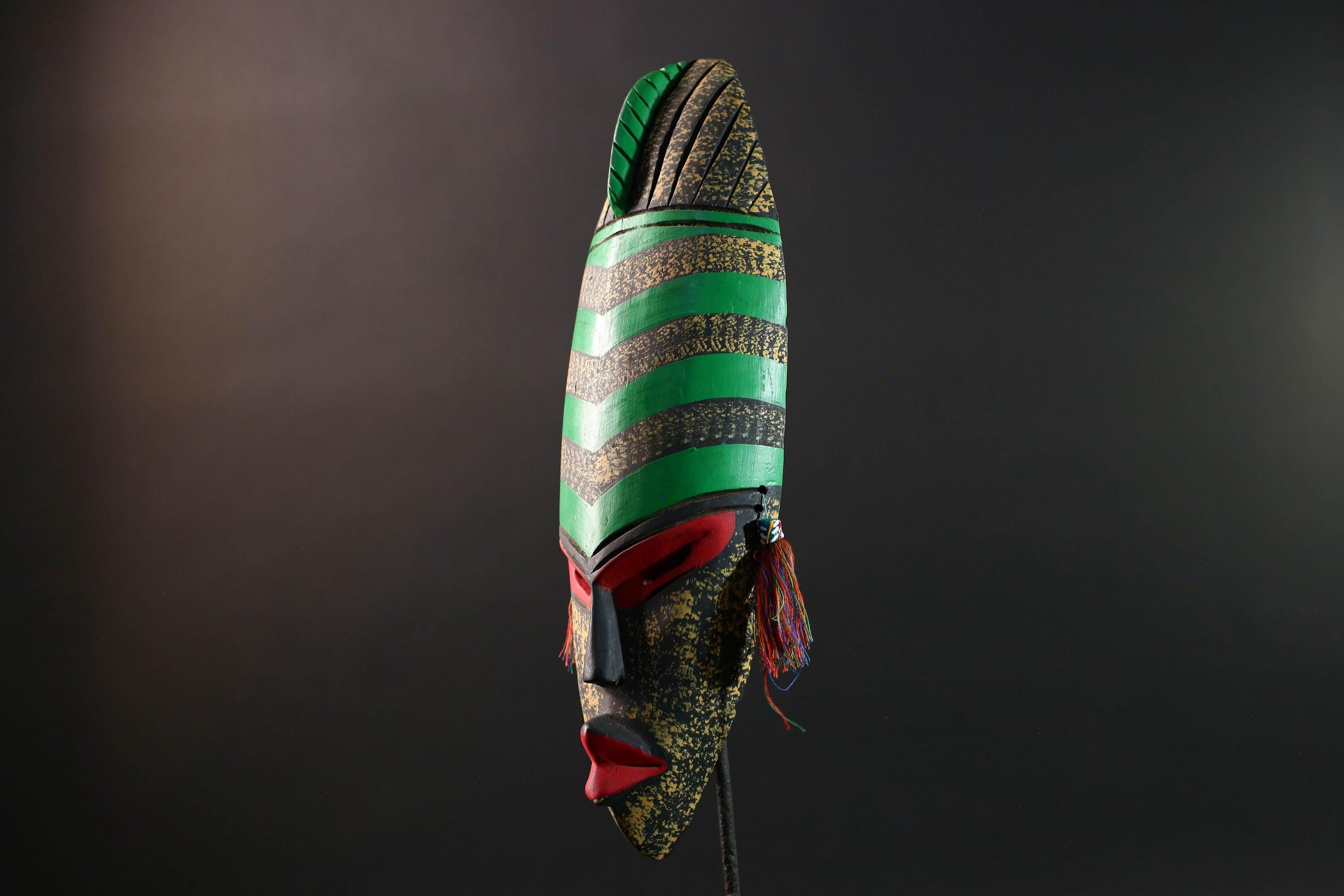 african wall mask green stripe face carving handmade decor bold abstract sculpture geometric painted long tribal wall art accent-G5450