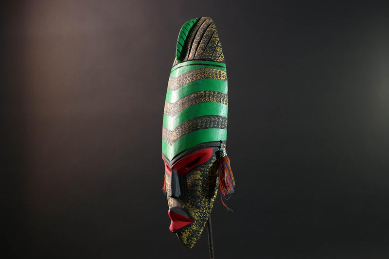african wall mask green stripe face carving handmade decor bold abstract sculpture geometric painted long tribal wall art accent-G5450