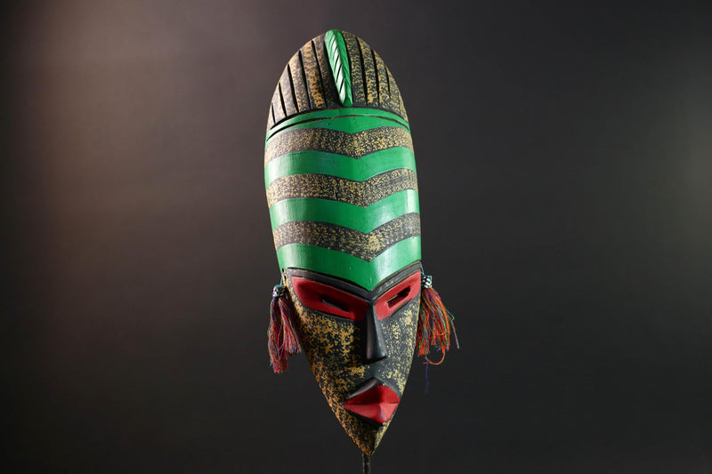 african wall mask green stripe face carving handmade decor bold abstract sculpture geometric painted long tribal wall art accent-G5450