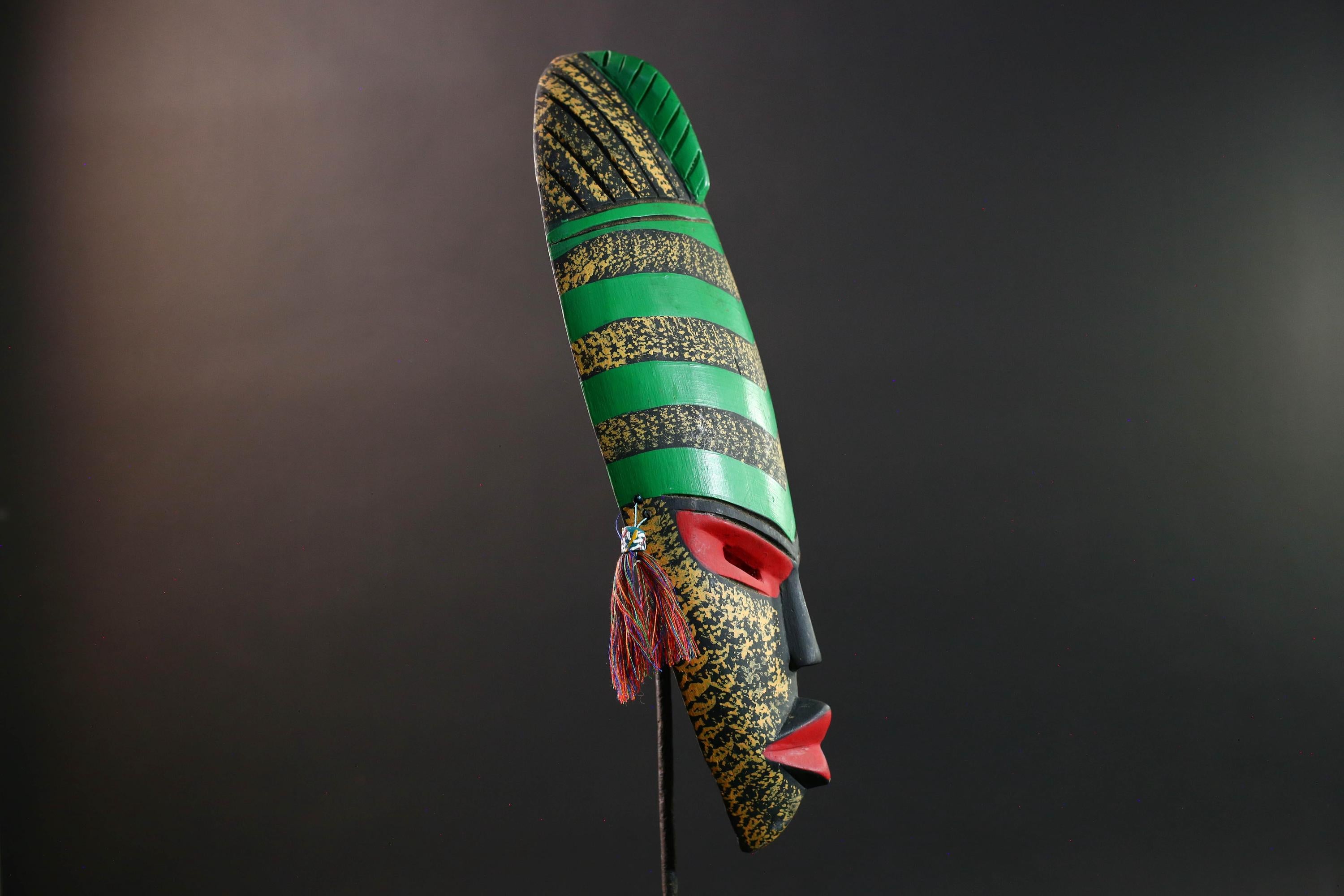african wall mask green stripe face carving handmade decor bold abstract sculpture geometric painted long tribal wall art accent-G5450