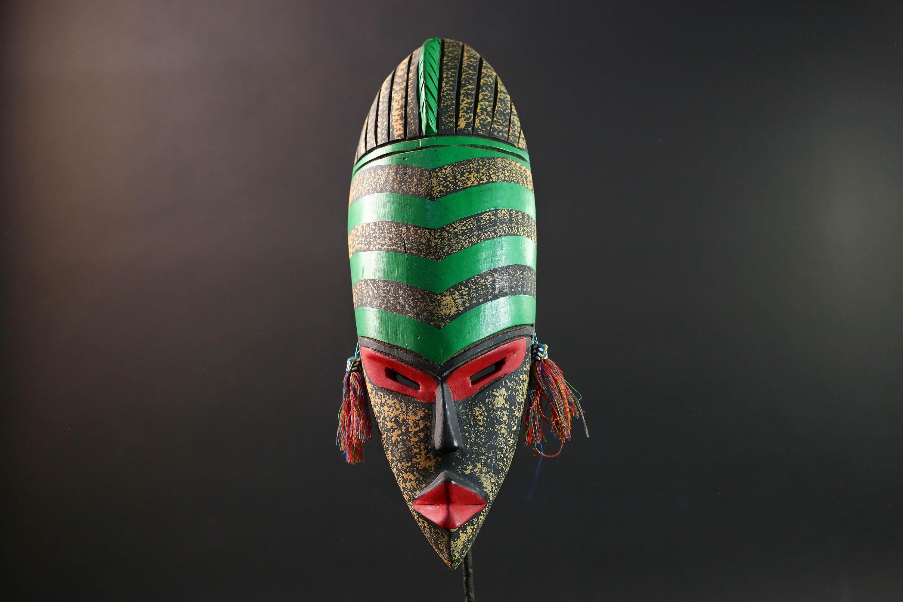 african wall mask green stripe face carving handmade decor bold abstract sculpture geometric painted long tribal wall art accent-G5450