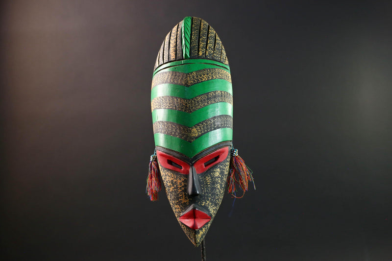 african wall mask green stripe face carving handmade decor bold abstract sculpture geometric painted long tribal wall art accent-G5450