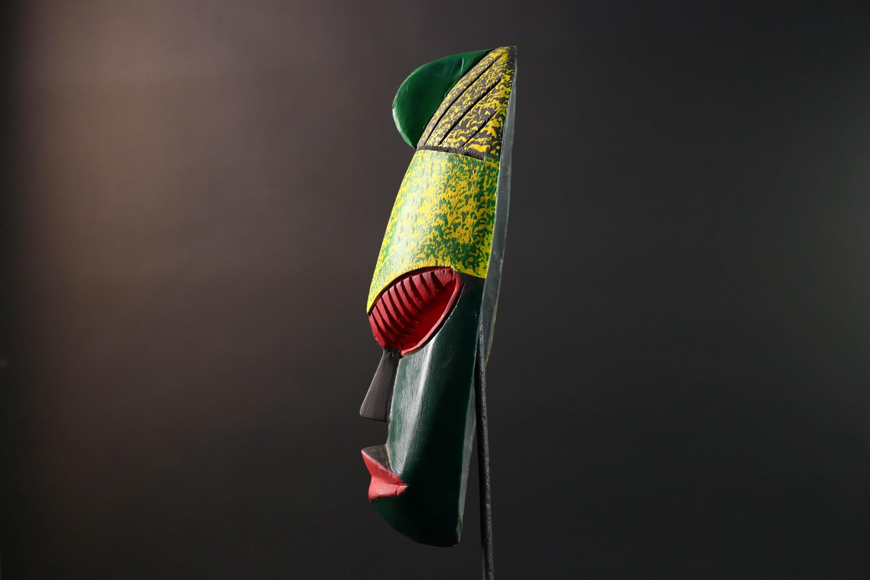 african wall mask green red carving face art handmade tribal decor bold stripe sculpture modern abstract wall accent wood display-G5451