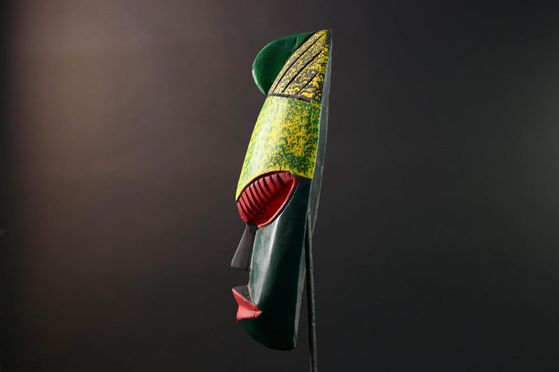 african wall mask green red carving face art handmade tribal decor bold stripe sculpture modern abstract wall accent wood display-G5451