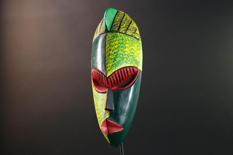 african wall mask green red carving face art handmade tribal decor bold stripe sculpture modern abstract wall accent wood display-G5451