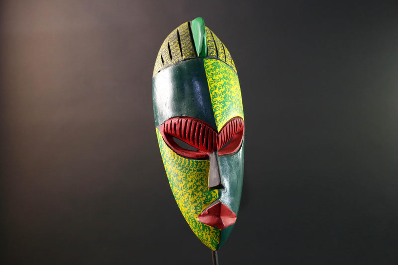 african wall mask green red carving face art handmade tribal decor bold stripe sculpture modern abstract wall accent wood display-G5451