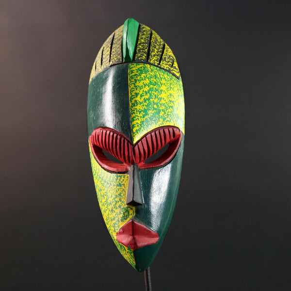 african wall mask green red carving face art handmade tribal decor bold stripe sculpture modern abstract wall accent wood display-G5451